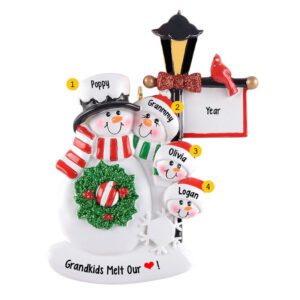 Snowmen Grandparents With 2 Grandkids Holiday Lamp Post Personalized Ornament