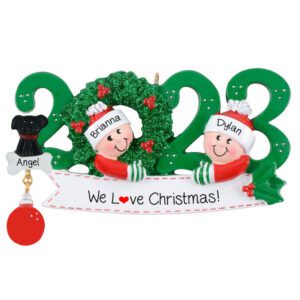 2023 Couple With Pet Glittered Green Wreath Personalized Ornament