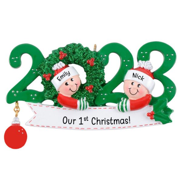 Personalized 2023 Couple 1st Christmas Together GREEN Wreath Ornament