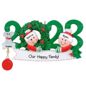 Personalized 2023 Couple And Pet Glittered Green Wreath Ornament