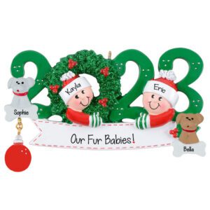 Personalized 2023 Couple And 2 Pets Glittered Green Wreath Ornament