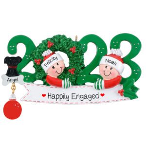 Personalized 2023 Engaged Couple And Pet Glittered Green Wreath Ornament
