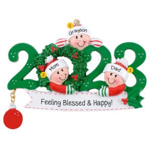 Personalized 2023 Family Of 3 GREEN Glittered Wreath Ornament