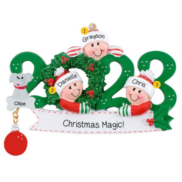 Personalized 2023 Family Of 3 With Pet GREEN Glittered Wreath Ornament
