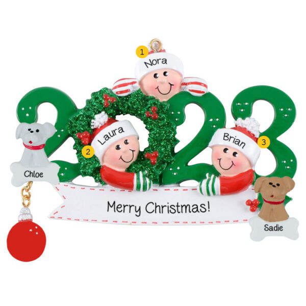 Personalized 2023 Family Of 3 With 2 Pets GREEN Glittered Wreath Ornament