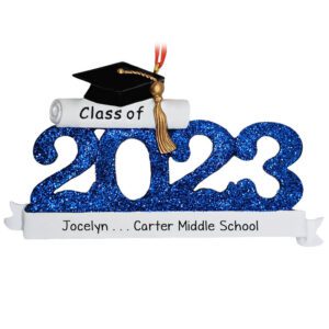 BLUE CLASS OF 2023 Middle School Grad Glittered Numbers Ornament