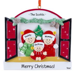 Personalized Family Of 3 Peeking Out Of Festive Window Ornament