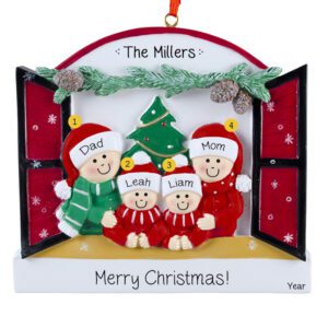 Image of Personalized Family Of 4 Peeking Out Of Festive Window Ornament