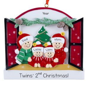 Twins' 2nd Christmas Family Of 4 Peeking Out Of Festive Window Ornament