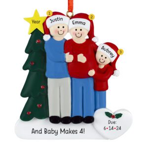 Image of EXPECTING Family Of 3 With Decorated Tree Ornament