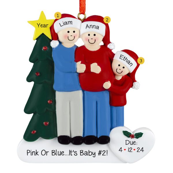 EXPECTING Family Of 3 With Christmas Tree Personalized Ornament