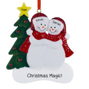 Snow Couple Wearing GLITTERED CAPS And Red Scarves Personalized Ornament