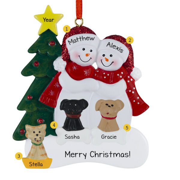 Snow Couple With 3 Pets GLITTERED CAPS Personalized Ornament