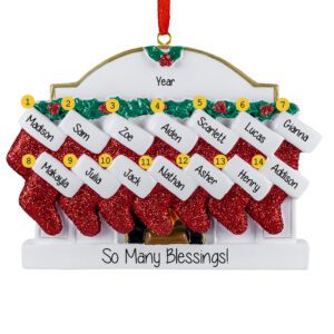 Image of Personalized 14 Grandchildren Red Glittered Stockings Ornament