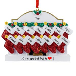 Image of Grandparents And 12 Grandchildren Red Glittered Stockings Personalized Ornament