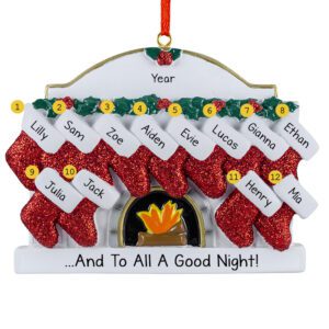 Personalized 12 Grandkids Glittered Red Stockings And Fireplace Ornament