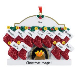 Image of Personalized Grandparents With 9 Grandkids Glittered Stockings Ornament