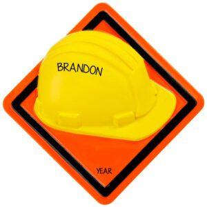 Image of Personalized Yellow Construction Helmet And Sign Ornament
