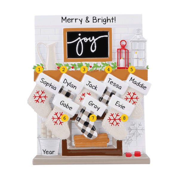 Personalized Family Of Eight Festive Mantle With Stockings Ornament