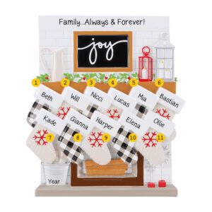 Image of Family Of Eleven Festive Mantle With Stockings Personalized Ornament