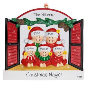 Image of Personalized Family Of 5 Peeking Out Of Festive Window Ornament