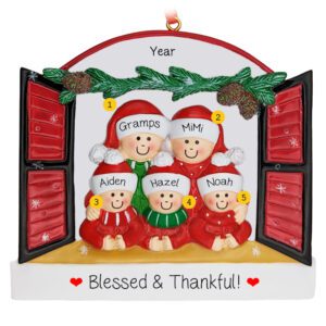 Image of Personalized Grandparents And 3 Grandkids Festive Window Ornament