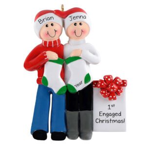 1st Engaged Christmas Couple Holding Stockings Ornament
