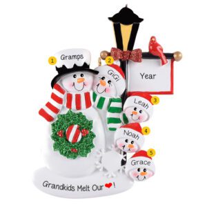 Grandparents With 3 Grandkids And Holiday Lamp Post Snowmen Ornament