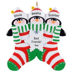 Personalized 3 Best Friends Penguins In Stockings Ornament