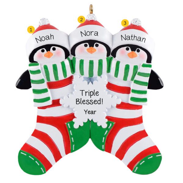 Personalized Triplets Cute Penguins In Stockings Ornament