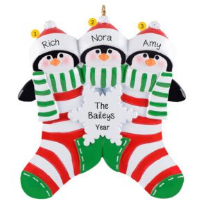 Image of Personalized Family Of 3 Cute Penguins In Stockings Ornament