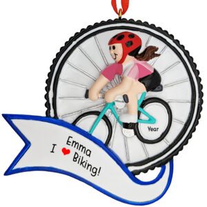 Image of Personalized FEMALE On Bike With RED Helmet Ornament