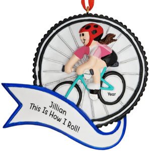 Image of FEMALE Riding On Teal Bicycle RED Helmet Personalized Ornament