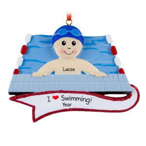 BOY Loves To Swim Personalized Ornament BLUE