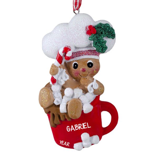 Personalized Gingerbread BOY On Cocoa Mug Glittered Ornament