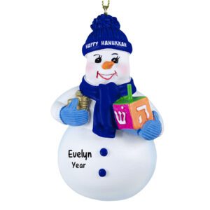 Image of Snowman Holding DREIDEL And Wearing Blue Hat Personalized Ornament