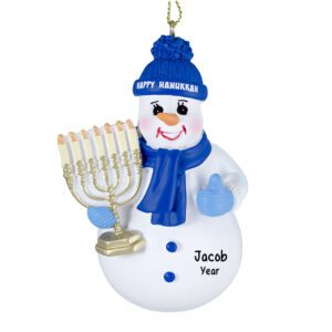Image of Snowman Holding Menorah And Wearing Blue Hat Personalized Ornament