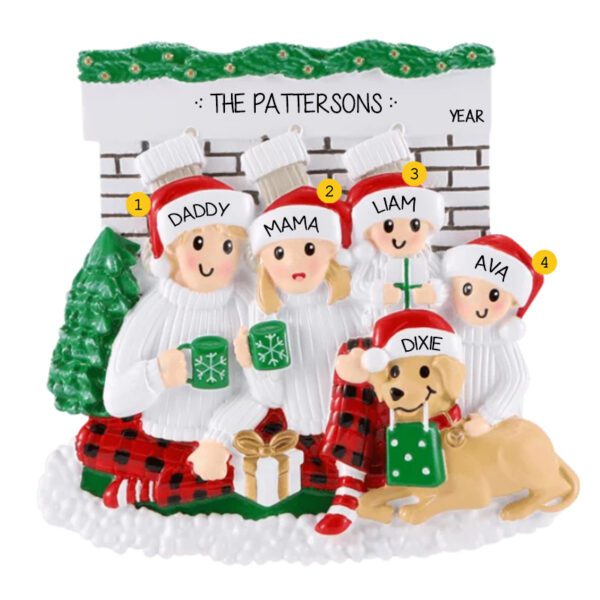 Personalized Family Of 4 With TAN Dog Brick Mantle Ornament