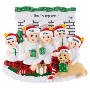 Personalized Family Of Five With TAN Dog Brick Mantle Ornament