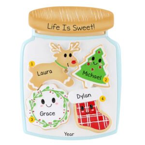 Personalized Family Of 4 Decorated Cookies In Jar Ornament