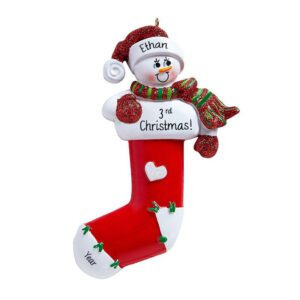 Child's 3rd Christmas Snowman In RED Stocking Glittered Ornament