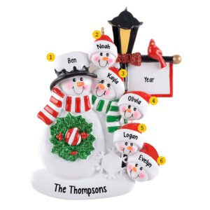 Personalized Snowman Family Of 6 With Holiday Lamp Post Ornament
