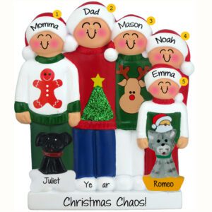 Personalized Family Of 5 With 2 Pets Wearing Ugly Christmas Sweaters Ornament