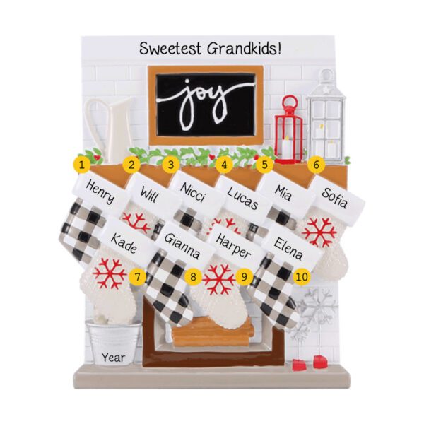 Personalized Ten Grandkids Festive Mantle With Stockings Ornament