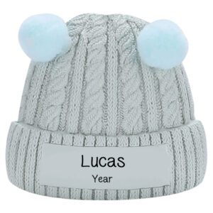 Personalized Baby BOY Hat Real Pom Poms Ornament BLUE