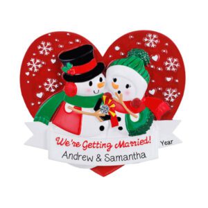 Personalized Getting Married Snowman Couple Engaged Heart Ornament
