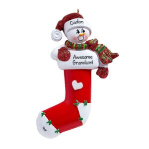 Image of Personalized Grandson Snowman In RED Stocking Glittered Ornament