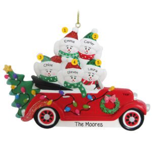 Personalized Family Of 5 Snowmen In CONVERTIBLE Car Glittered Ornament