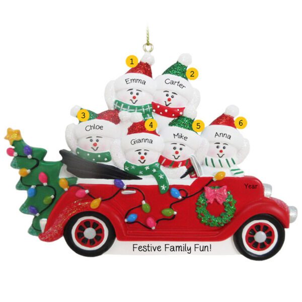 Personalized Family Of 6 Snowmen In CONVERTIBLE Car Glittered Ornament