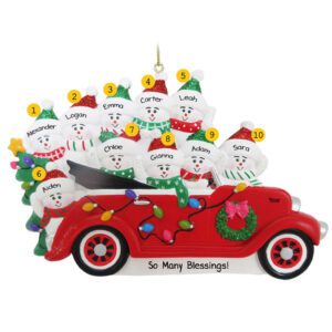 Personalized 10 Grandkid Snowmen In CONVERTIBLE Car Glittered Ornament